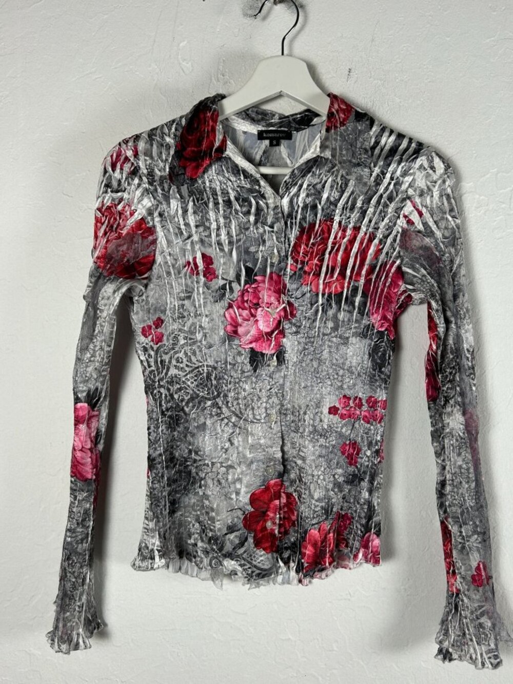 Komarov Womens Crinkle Textured Button-Up Blouse Small Floral Long Sleeve Gray